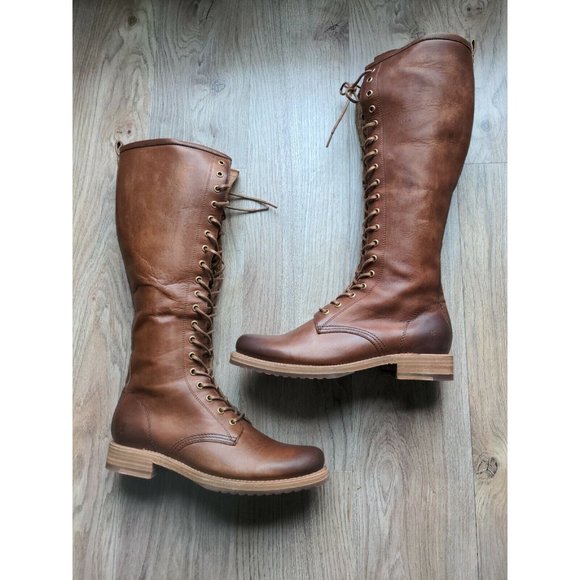Frye Veronica Tall Lace Up Boots Womens 9.5 B Cognac Brown Knee High Combat - Picture 5 of 10